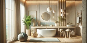 Realistic image of a serene, spa-like bathroom with neutral colors, natural wood, stone textures, and soft lighting. The design evokes a peaceful, luxurious atmosphere perfect for creating a relaxing bathroom retreat