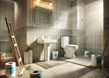 A budget-friendly bathroom renovation showing simple materials like vinyl flooring and basic ceramic tiles, illustrating a cost-effective bathroom remodel in progress.