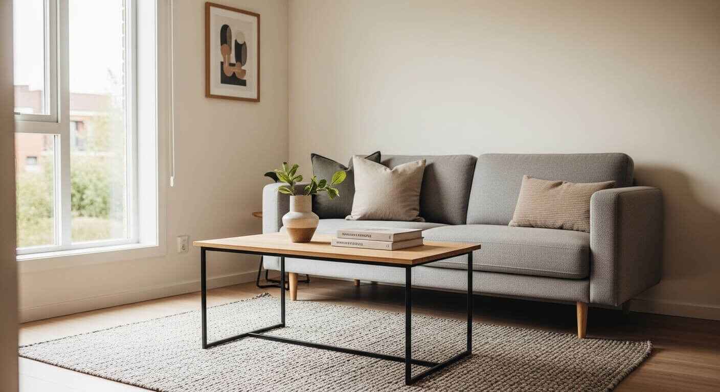 A modern small living room with a perfectly sized sofa that complements the room without overwhelming the space.