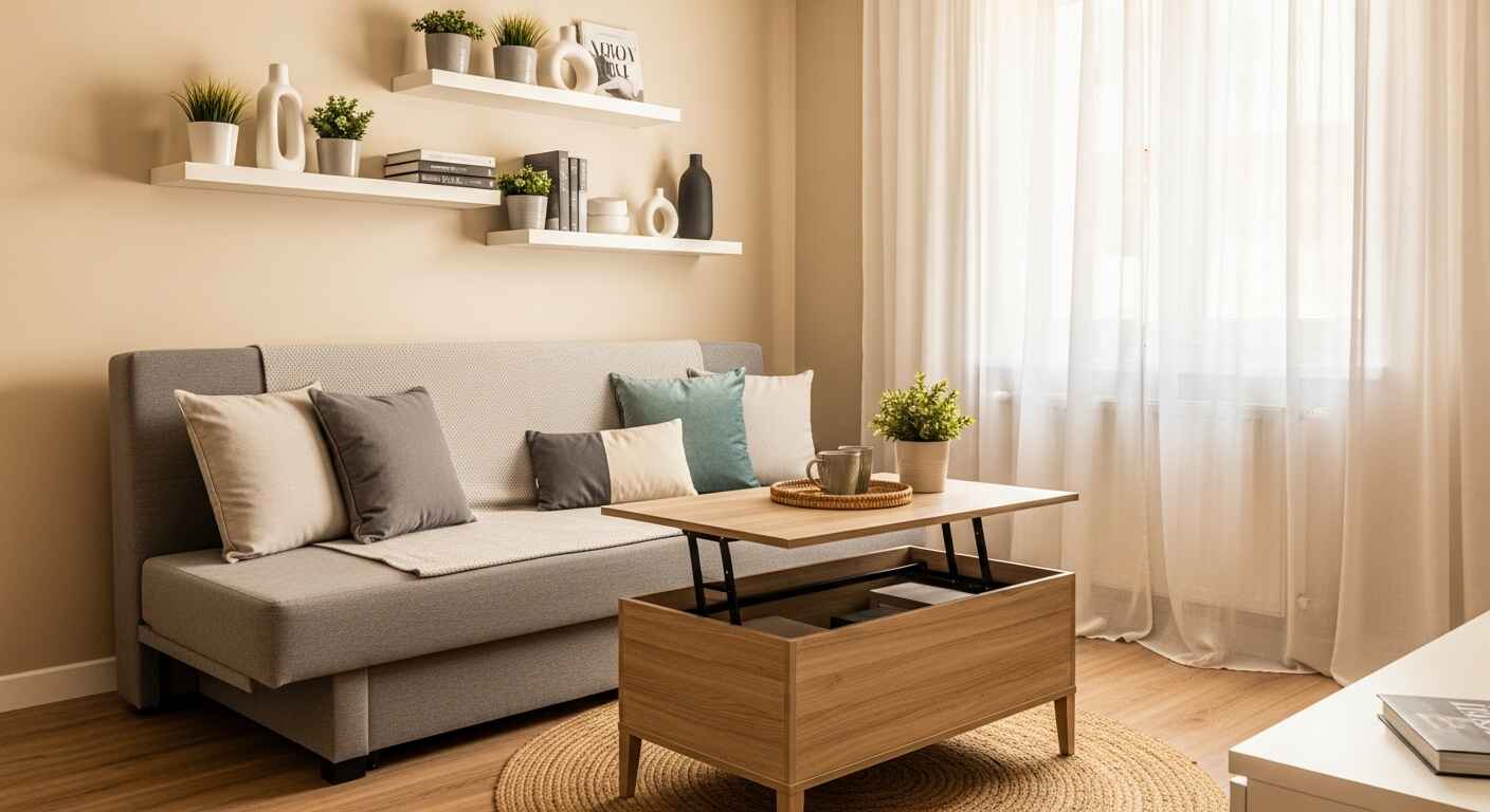 Stylish living room with a sofa bed and hidden storage coffee table showcasing multifunctional furniture ideas for small spaces.