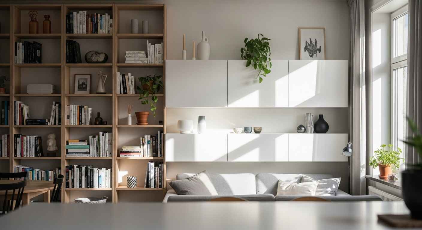 Compact small home interior using vertical shelves, wall-mounted cabinets, and floating storage to maximize vertical space.