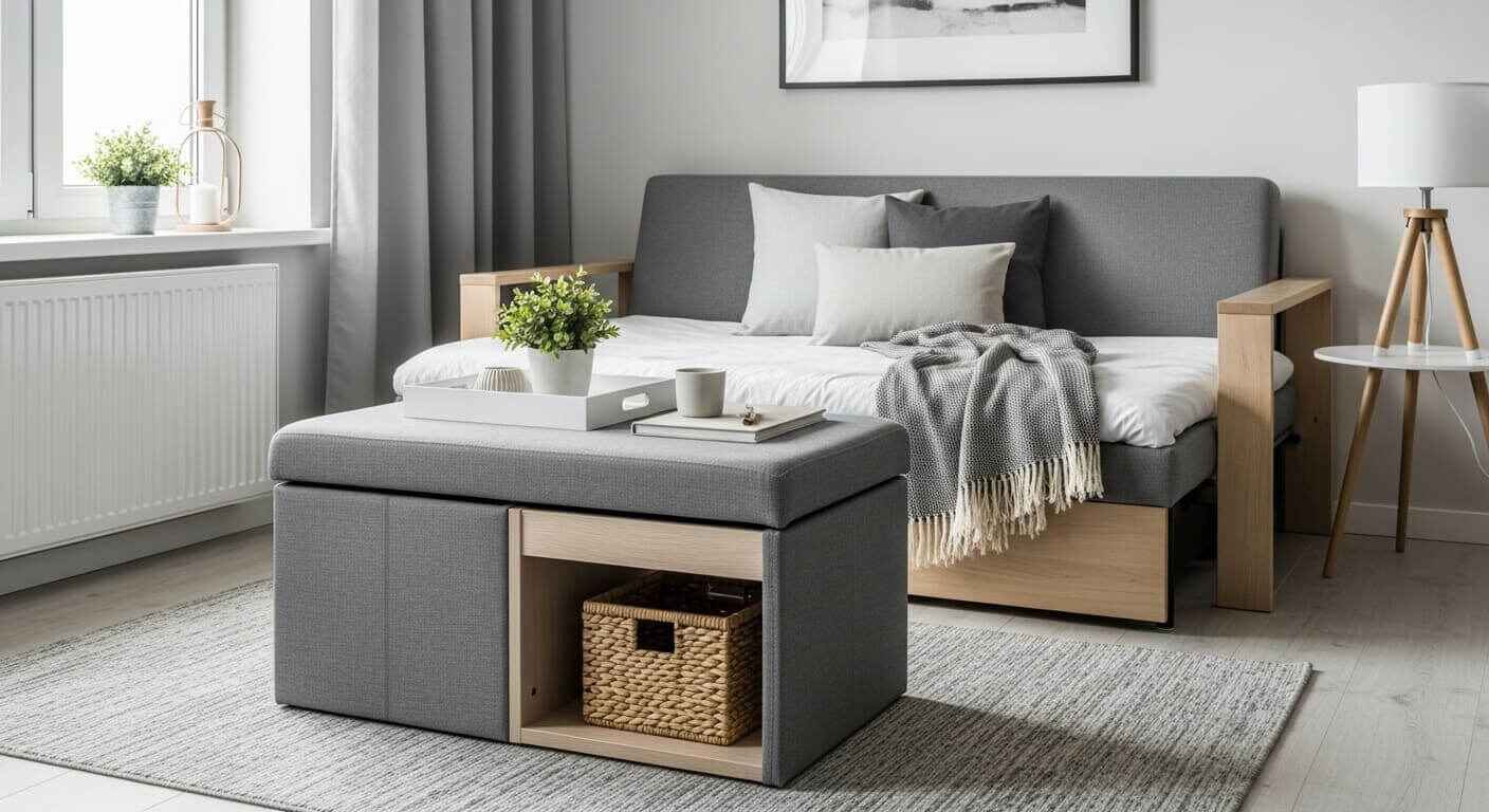 A stylish ottoman serving as both coffee table and storage in a modern living room.