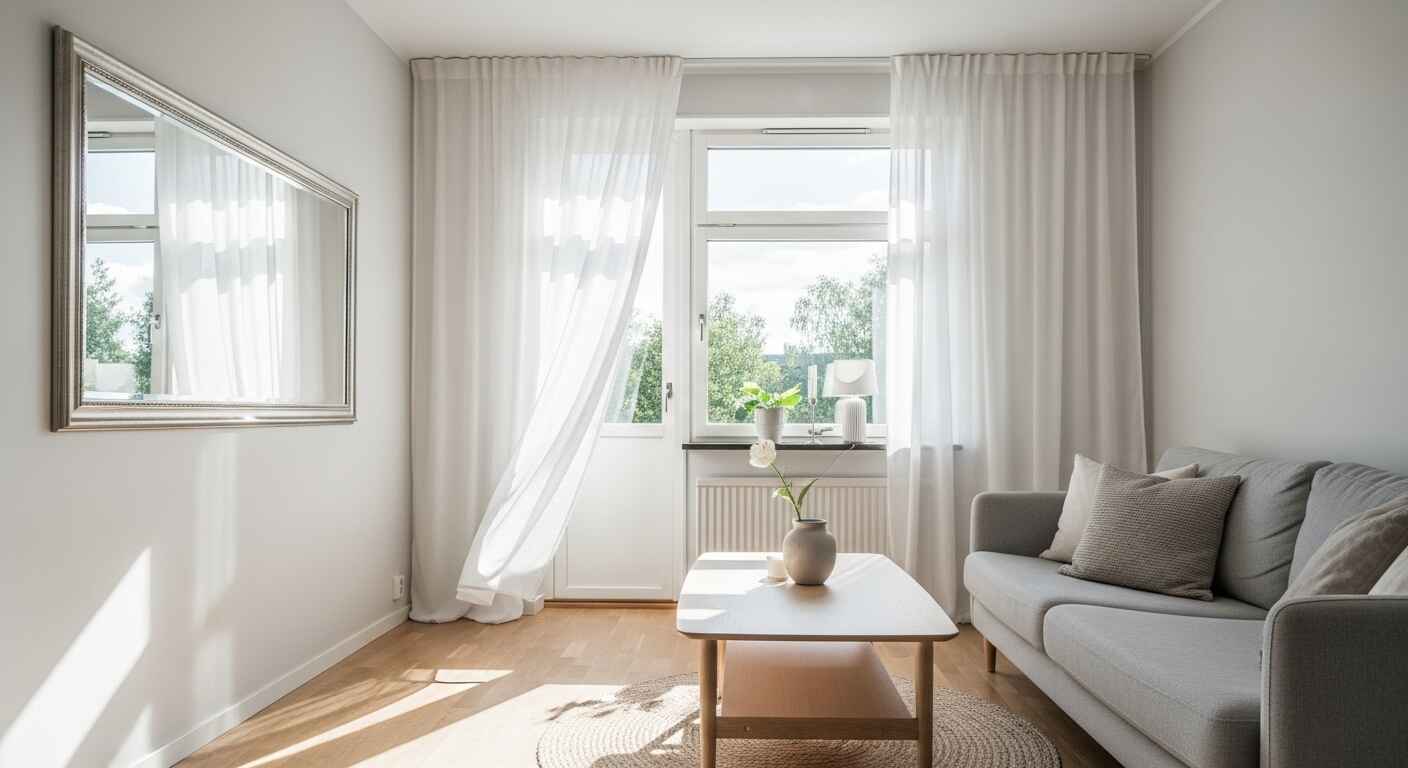 Small living room interior with large wall mirror and soft natural light making the room appear spacious and airy.
