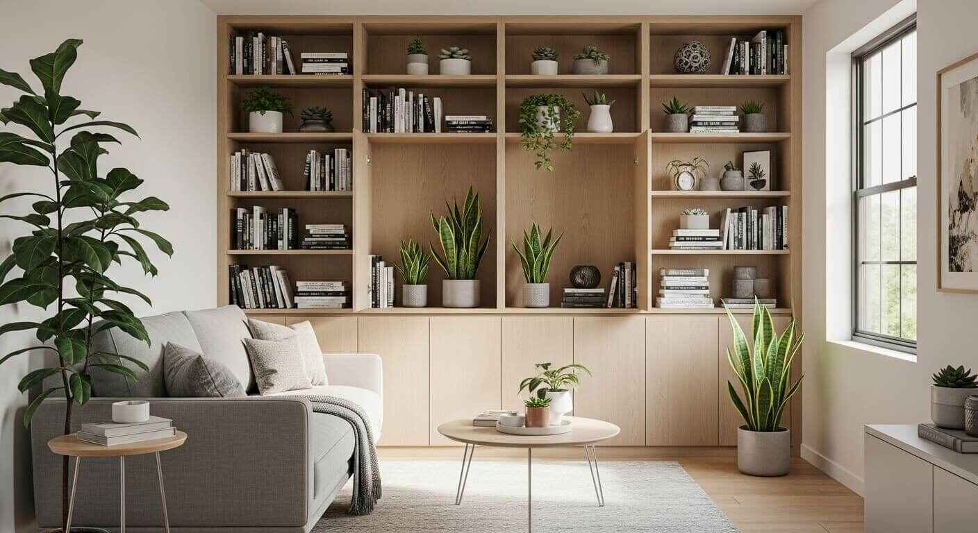 Small living room with built-in shelving units and hidden storage for a clutter-free look.