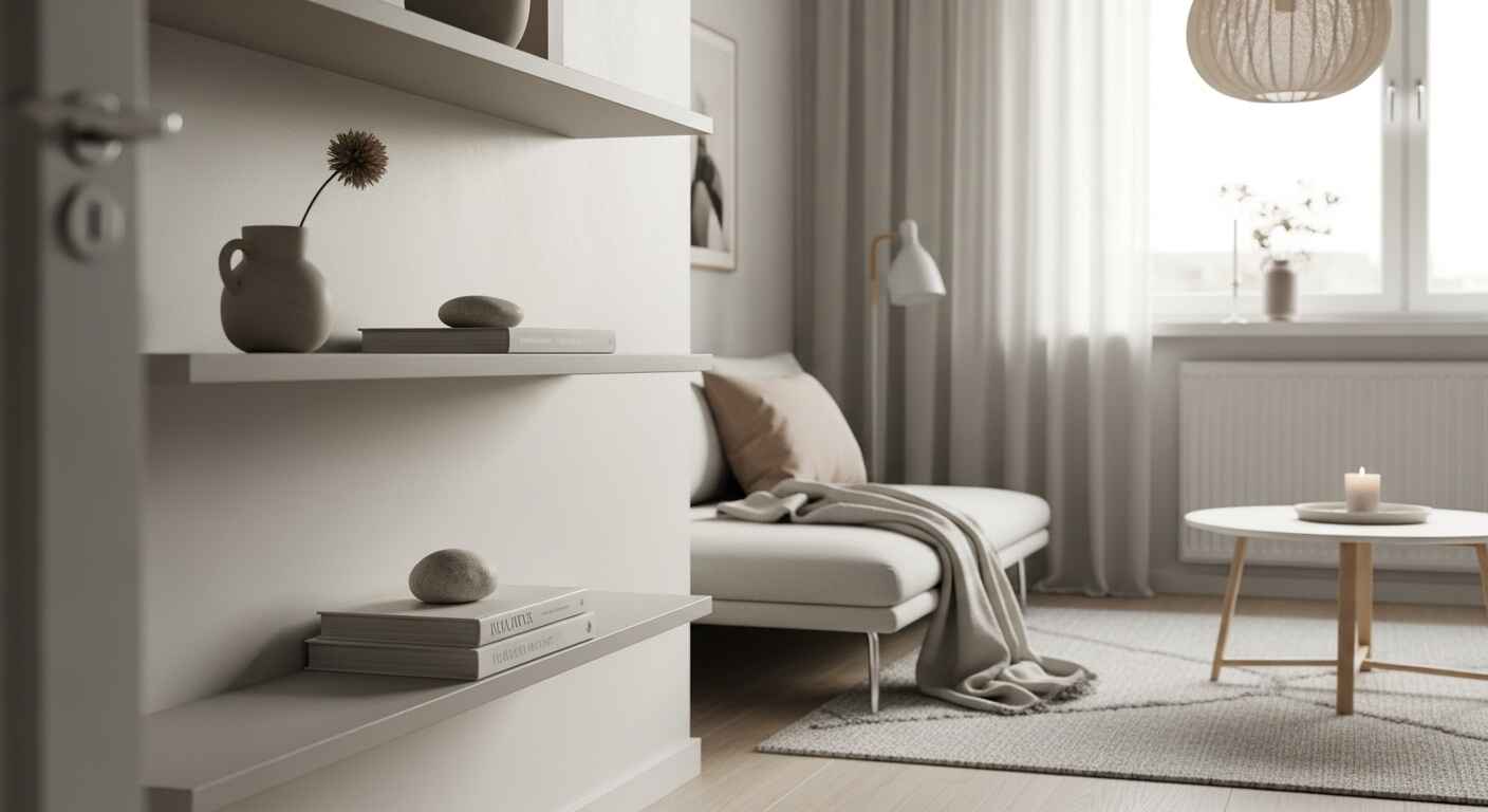 Minimalist living space with clean lines, clutter-free surfaces, and calming neutral tones reflecting decluttered home design.