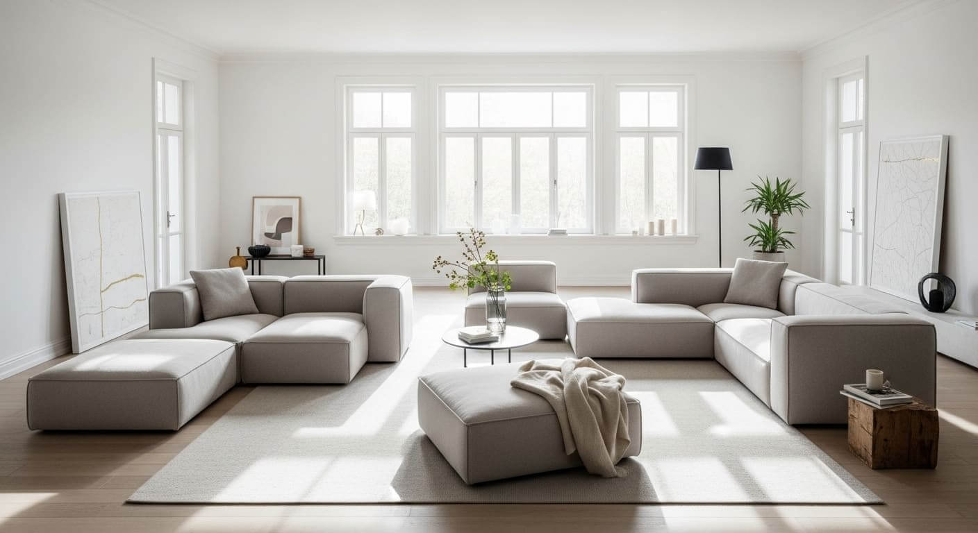 A bright living room with modular sofa sections arranged in a flexible layout