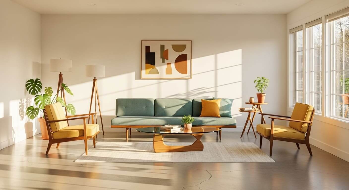 A light-filled living room featuring a sofa and chairs with tall exposed legs for an airy, spacious look.