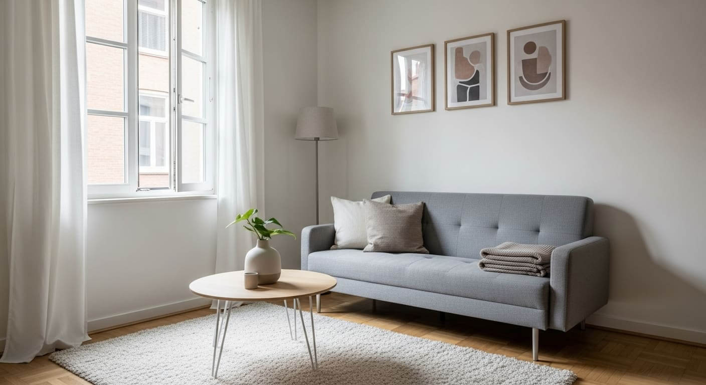 A small sofa with thin armrests providing maximum seating in a compact living room.