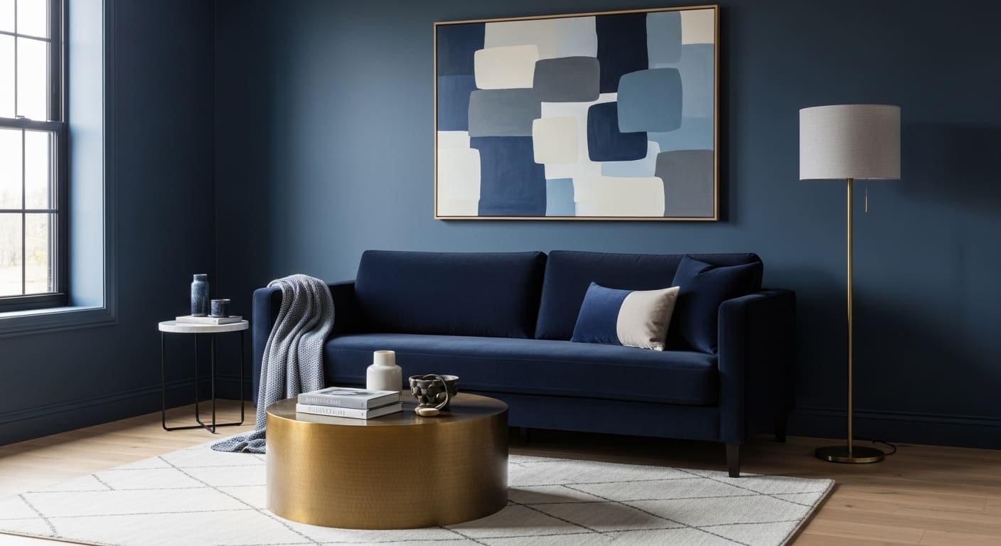 Stylish living room with a navy sofa blending seamlessly with deep navy walls for a cohesive look.
