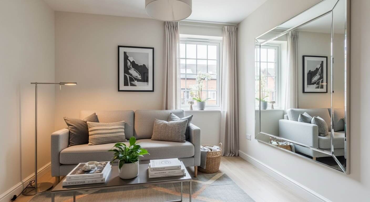 A modern living room with a large mirror placed opposite a window to reflect natural light and create depth.