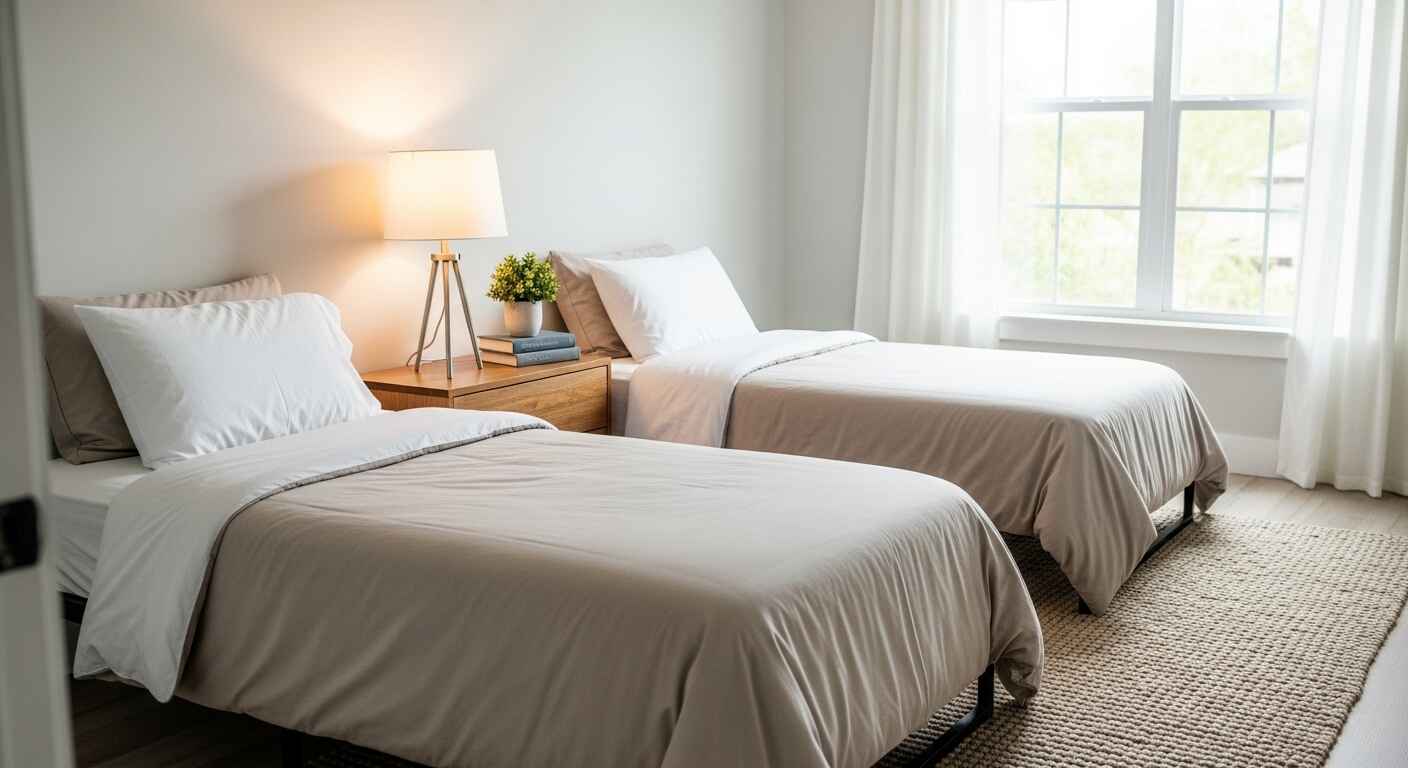 Two twin beds placed side by side with a shared nightstand in a modern guest room, showcasing a clean and symmetrical design