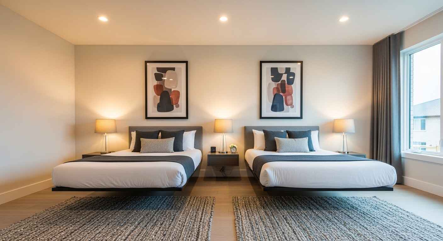 Spacious guest room with two floating twin beds positioned away from the walls, creating an airy and open design with stylish wall decor.