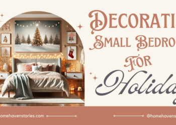 Cozy small bedroom decorated for the holidays with festive Christmas tree alternatives, fairy lights, and cozy holiday-themed bedding