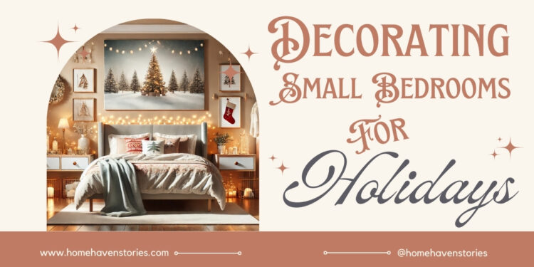 Cozy small bedroom decorated for the holidays with festive Christmas tree alternatives, fairy lights, and cozy holiday-themed bedding