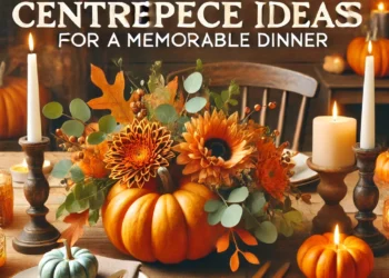 Rustic Thanksgiving centerpiece with a pumpkin floral arrangement, autumnal flowers, candles, pinecones, and fall leaves on a wooden table in a warm festive ambiance.