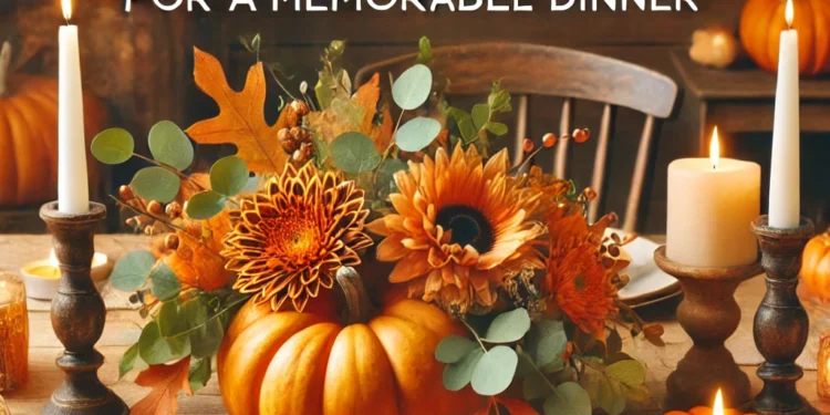 Rustic Thanksgiving centerpiece with a pumpkin floral arrangement, autumnal flowers, candles, pinecones, and fall leaves on a wooden table in a warm festive ambiance.