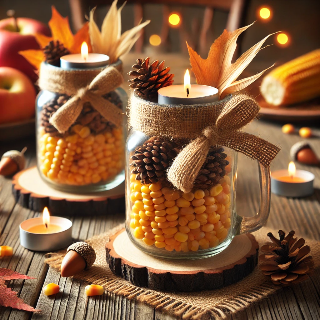 DIY Thanksgiving centerpiece with Mason jar lanterns filled with dried corn, pinecones, and acorns, decorated with burlap ribbons and surrounded by autumn leaves on a wooden table.