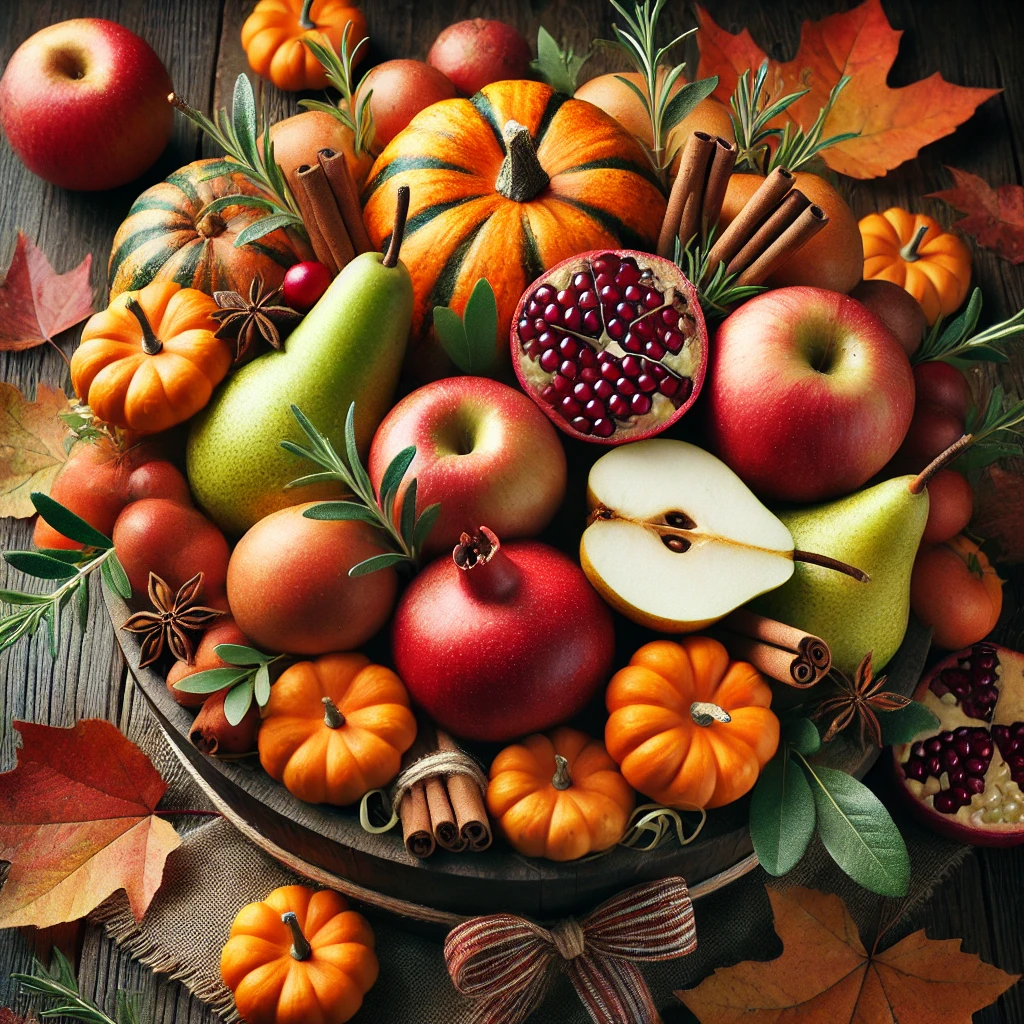 Thanksgiving centerpiece featuring a wooden bowl filled with pears, apples, pomegranates, cinnamon sticks, small pumpkins, and rosemary sprigs, surrounded by fall leaves.