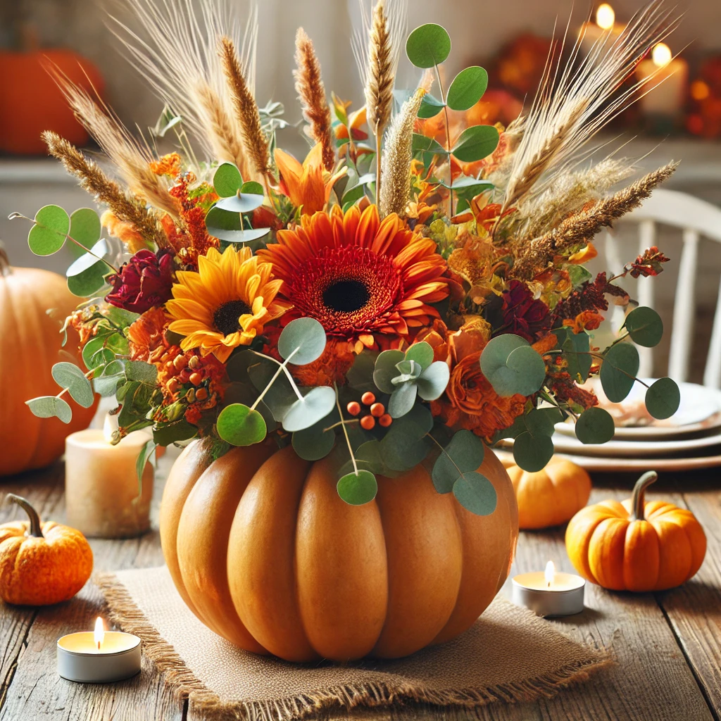 Thanksgiving centerpiece with a hollowed-out pumpkin filled with orange, yellow, and red flowers, accented by eucalyptus leaves, wheat stalks, and surrounded by candles on a rustic wooden table.