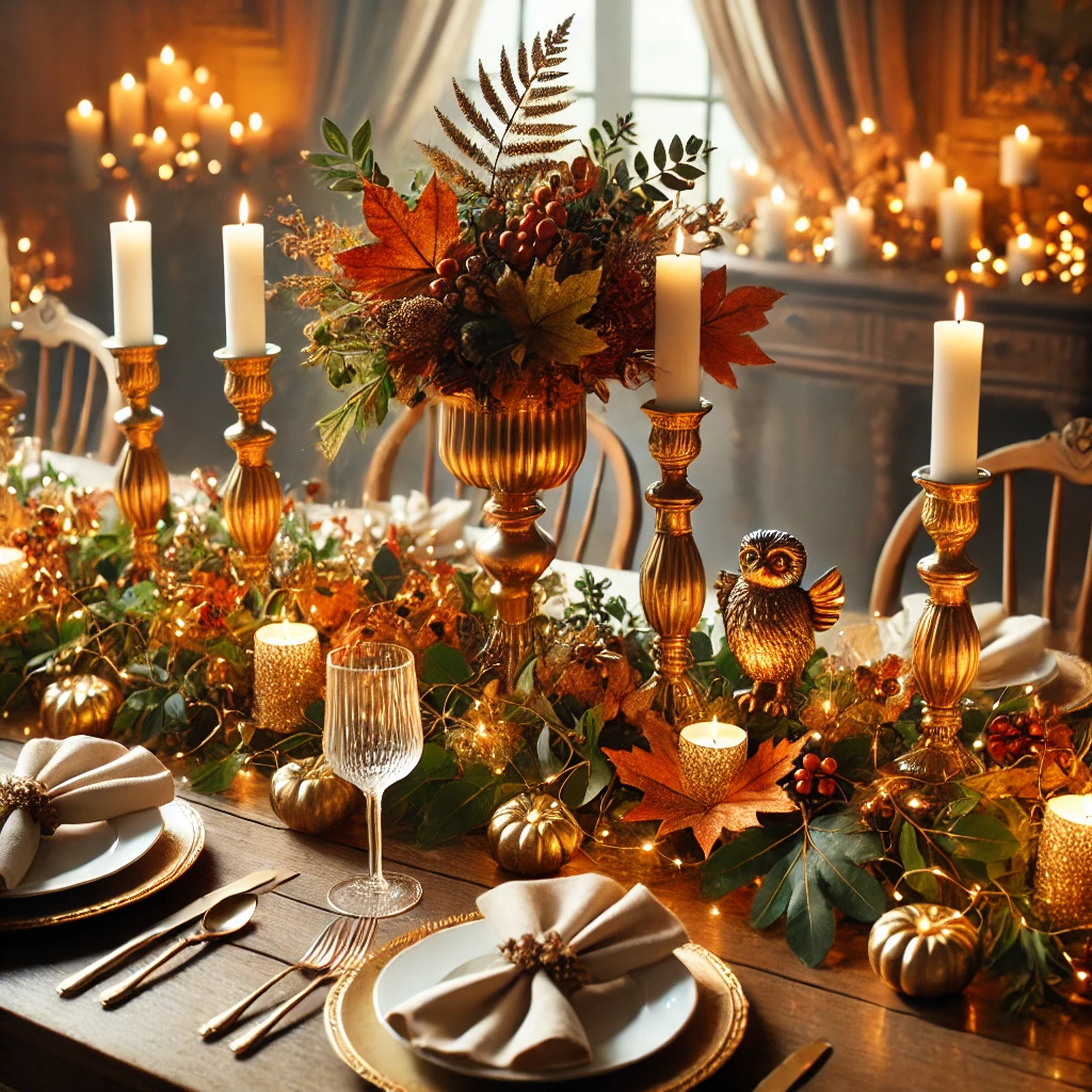 Traditional Thanksgiving centerpiece with gold candlesticks and a handcrafted garland of autumn leaves, greenery, and fairy lights on a long wooden dining table.