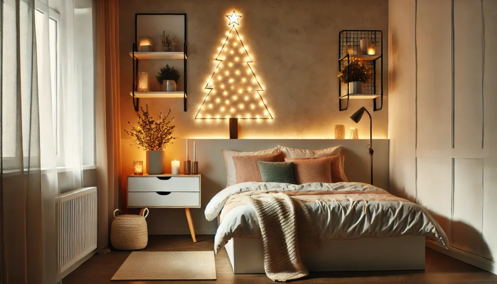 Minimalist Christmas tree alternatives in a small bedroom with a wall-mounted tree design and tabletop Christmas tree.