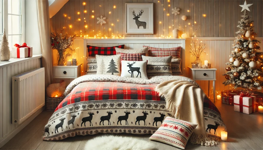 Cozy holiday-themed bedding and throw pillows on a bed in a small bedroom, creating a festive atmosphere.