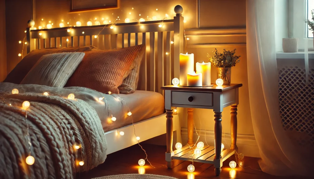 Soft fairy lights and flameless candles illuminating a small bedroom, adding warmth and a festive glow.