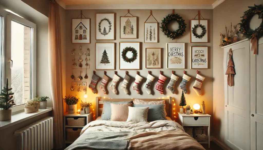 Holiday wall decor with framed Christmas prints, garlands, and stockings hanging above the bed in a small bedroom.