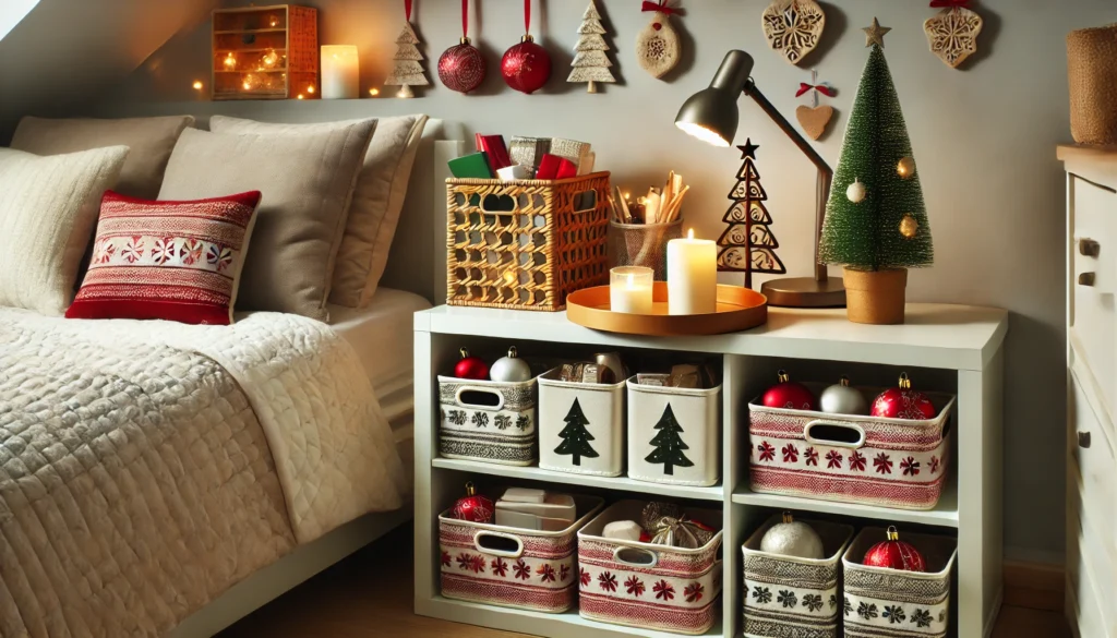 Holiday wall decor with framed Christmas prints, garlands, and stockings hanging above the bed in a small bedroom.