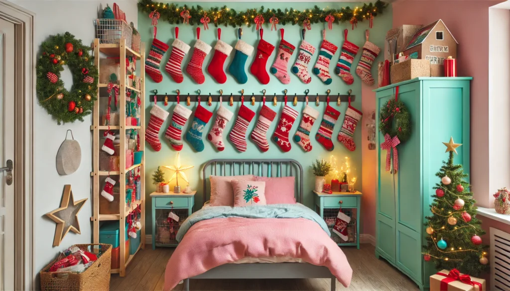 Colorful hanging stockings and garland in a small bedroom, creatively placed above the bed and along a shelf or door frame to save space.