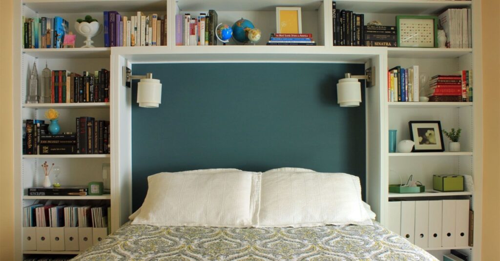 Use Shelving and Storage to Go Up, Not Out in Small Bedroom 