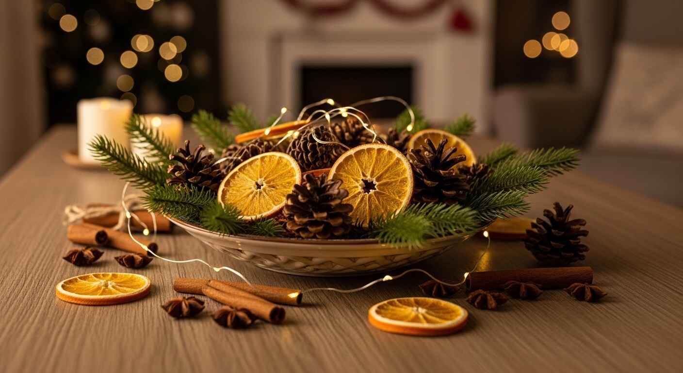 Handmade holiday decorations featuring pinecones, dried orange slices, and branches displayed in a festive bowl for cozy seasonal charm.