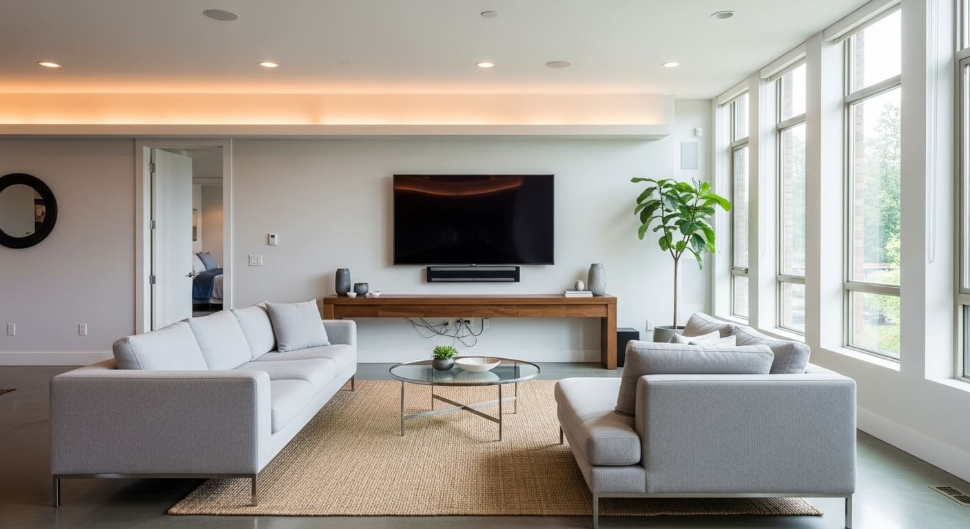 Wall-mounted flat-screen TV in a small modern living room with hidden cables and clutter-free design.