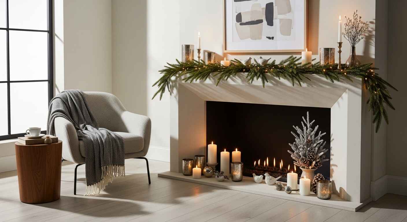 Elegant holiday vignette with candles, garland, and ornaments arranged on a mantlepiece for a clutter-free festive look.