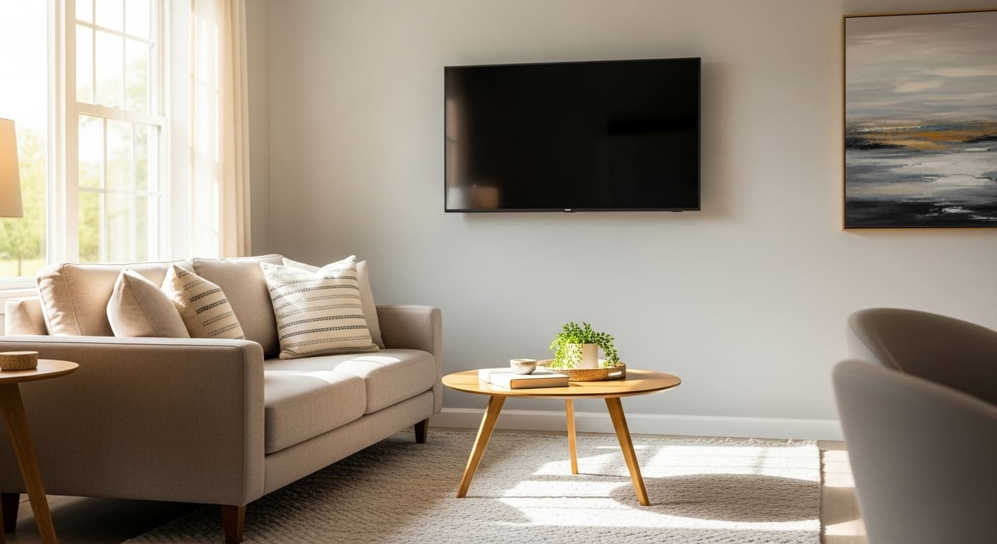 A 45-inch flat-screen TV in a small cozy living room, perfectly sized for balance and comfort.