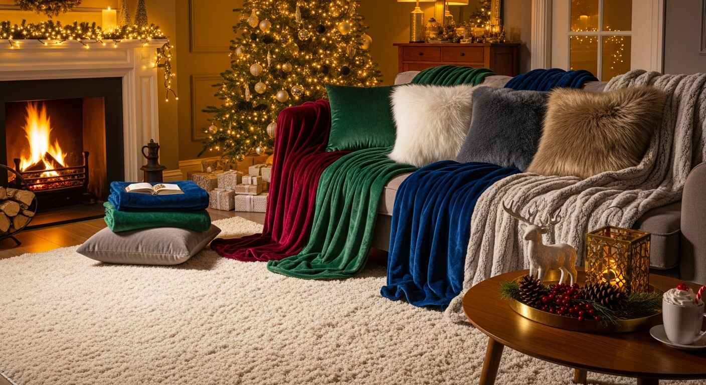 Warm and cozy living room decorated with velvet throws, faux fur cushions, and a plush area rug creating an inviting holiday atmosphere.