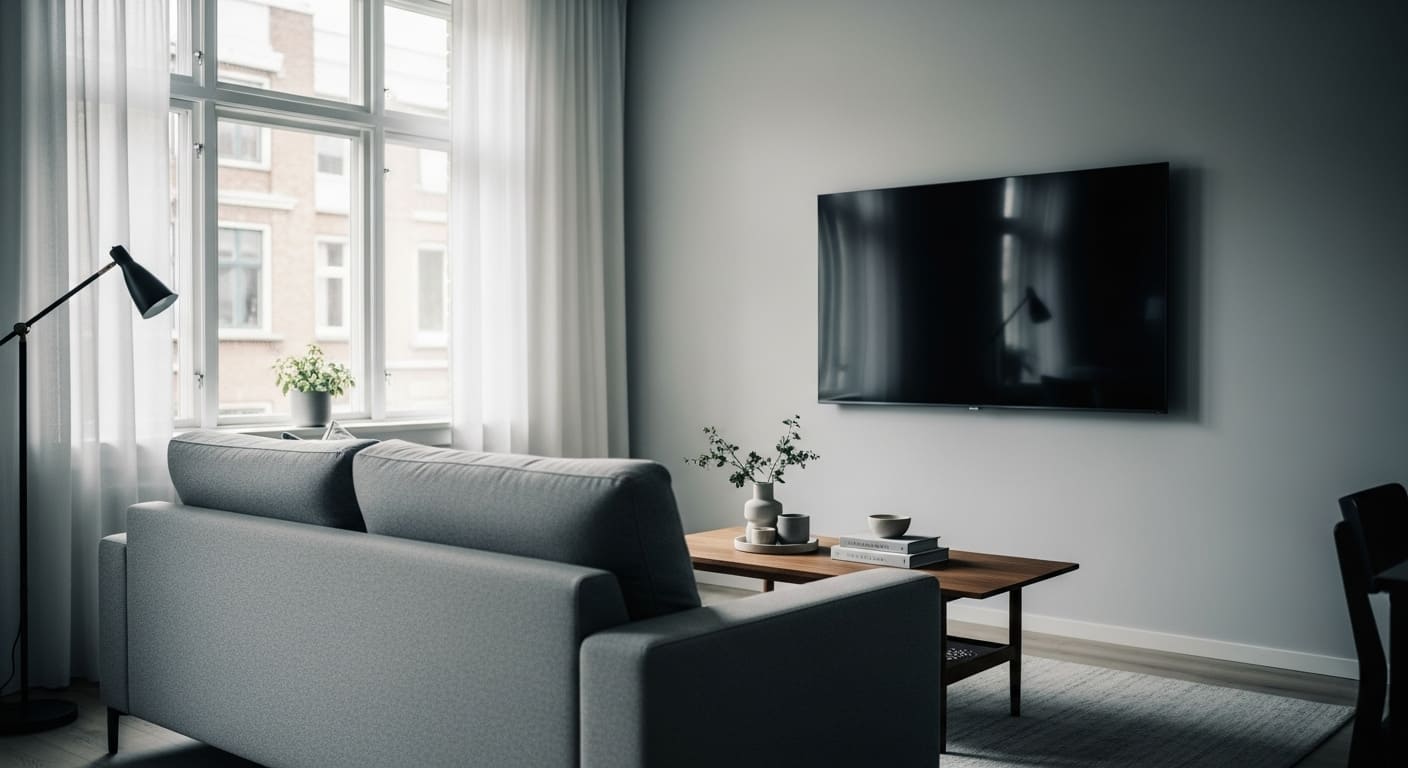 Living room with a TV placed at eye level opposite a sofa, designed for comfortable viewing without glare.