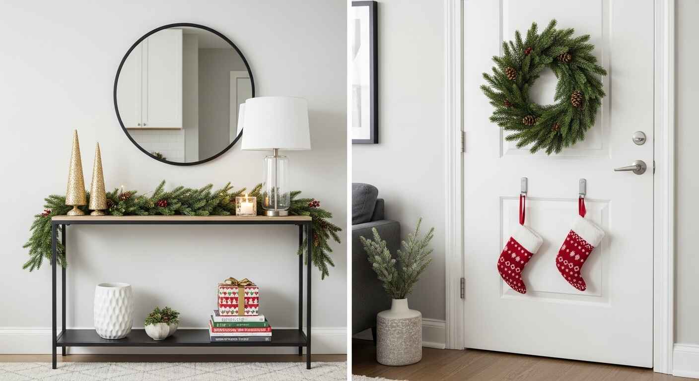 Compact living room decorated with a slim console table, wreaths hung with command hooks, and stacked books wrapped in festive paper.