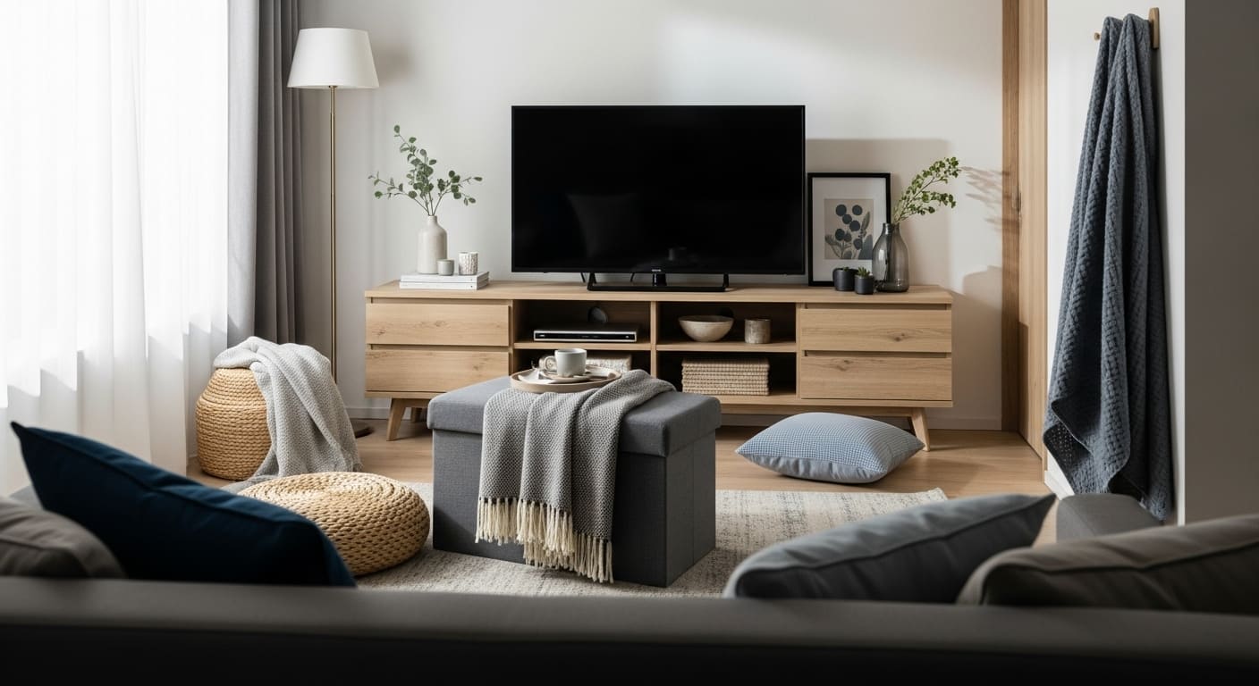 Living room with multifunctional TV stand, storage ottoman, and modern space-saving furniture.