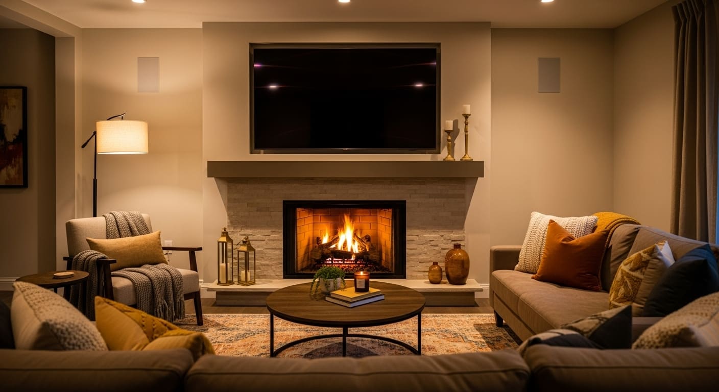 Small living room with a flat-screen TV mounted above a cozy fireplace, creating a stylish focal point.