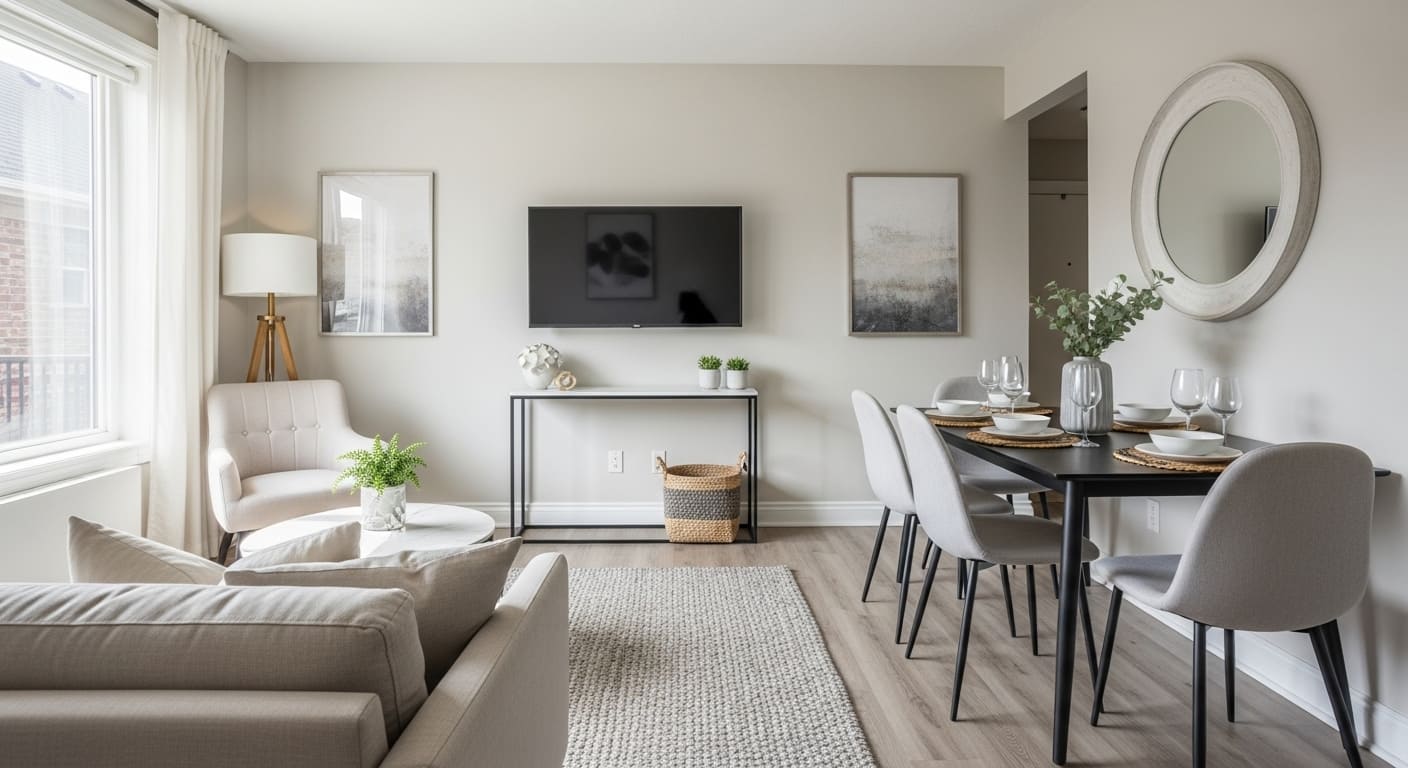 Open-plan small living and dining area with a slim console TV stand and dining table nearby.
