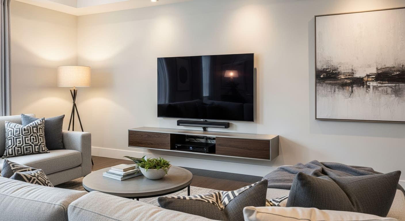 Small living room with neatly hidden TV cables using a TV stand with integrated storage.