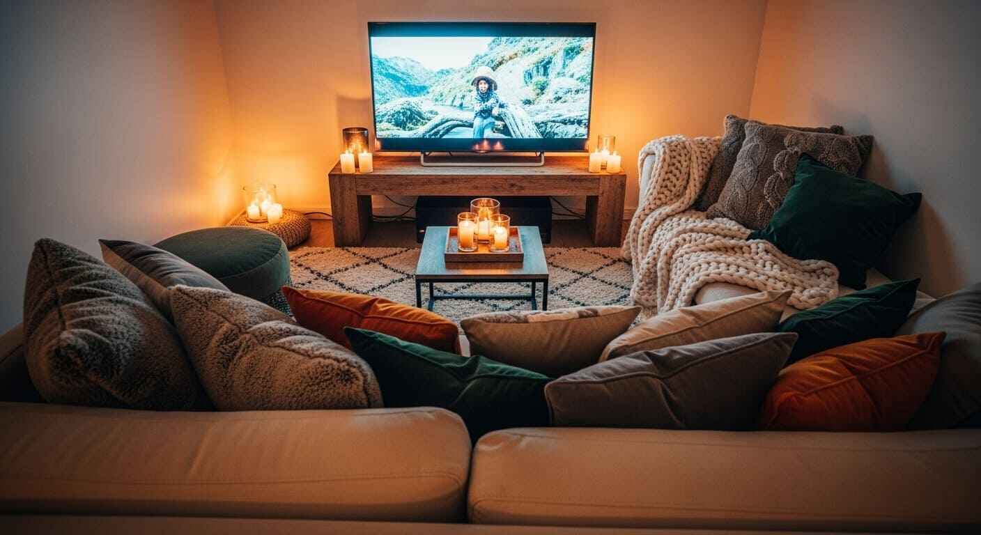 Small living room with TV, plush throw pillows, blankets, and warm inviting atmosphere.