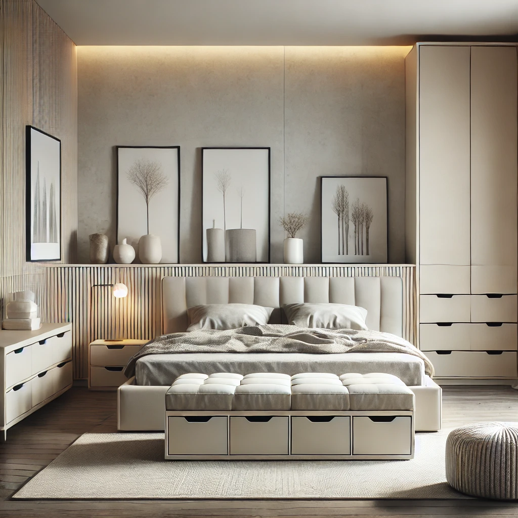 A minimalist bed with built-in storage drawers, paired with a chic ottoman and clean-lined nightstands in a contemporary bedroom