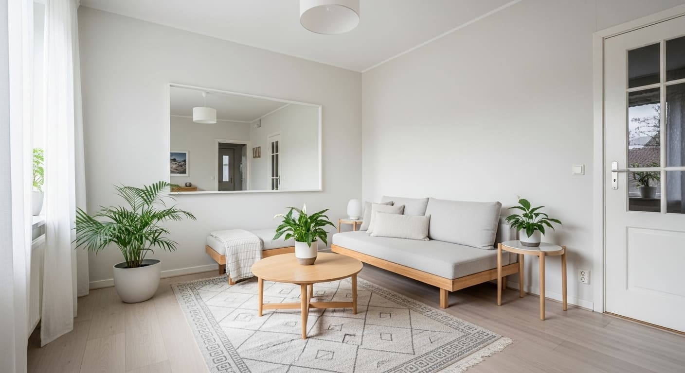 Bright small living room with neutral palette and wall mirrors to create a spacious feel.