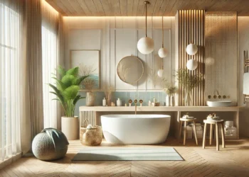 Realistic image of a serene, spa-like bathroom with neutral colors, natural wood, stone textures, and soft lighting. The design evokes a peaceful, luxurious atmosphere perfect for creating a relaxing bathroom retreat