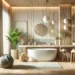 Realistic image of a serene, spa-like bathroom with neutral colors, natural wood, stone textures, and soft lighting. The design evokes a peaceful, luxurious atmosphere perfect for creating a relaxing bathroom retreat