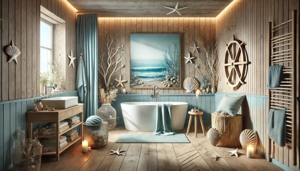 Ocean-themed bathroom with soft blue tones, driftwood, seashells, and marine-inspired elements. The design evokes a calming, beach-like atmosphere with a freestanding tub, ocean artwork, and soft, natural lighting