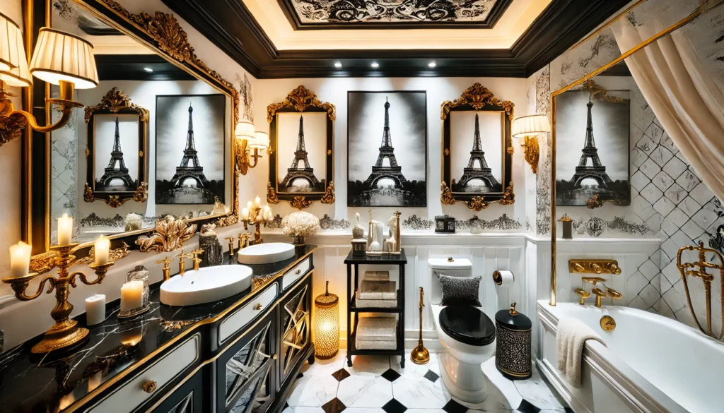 Paris-themed bathroom with elegant black, white, and gold accents. Features vintage mirrors, Eiffel Tower artwork, and soft lighting for a sophisticated, luxurious vibe