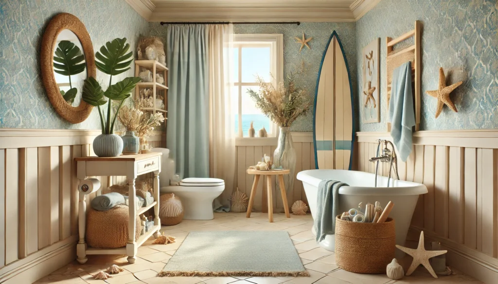 Beach bathroom with light blues, sandy beige tones, surfboards, seashells, and coastal accents. The design evokes a breezy, vacation-like atmosphere with tropical plants and natural lighting